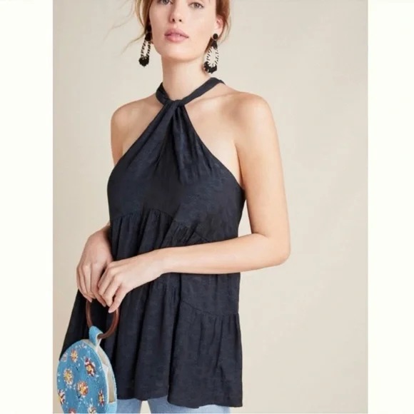 Anthropologie Lavinia Halter Swing Tank Floral Tiered Blouse Black Size XL - Picture 9 of 9